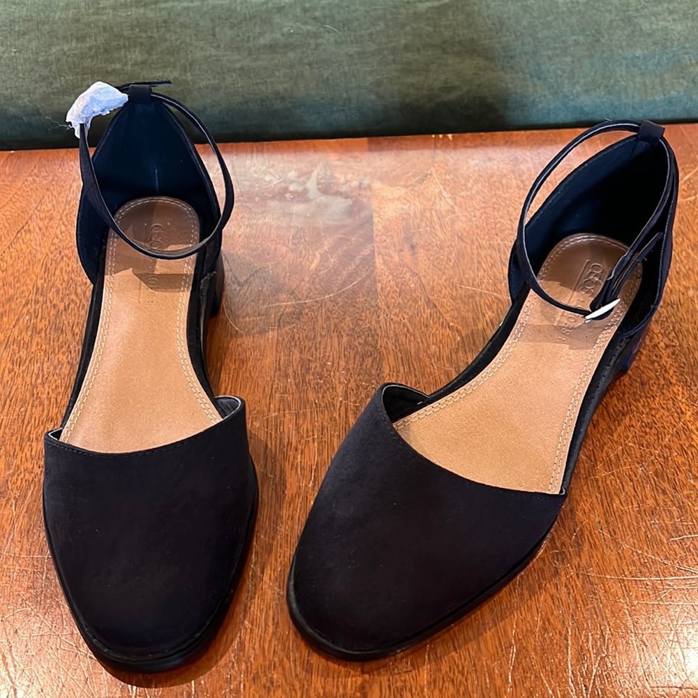 ASOS black ankle strap flat faux suede